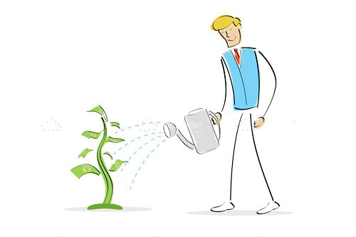 Stick Figure in Blue Suit Watering a Young Money Tree